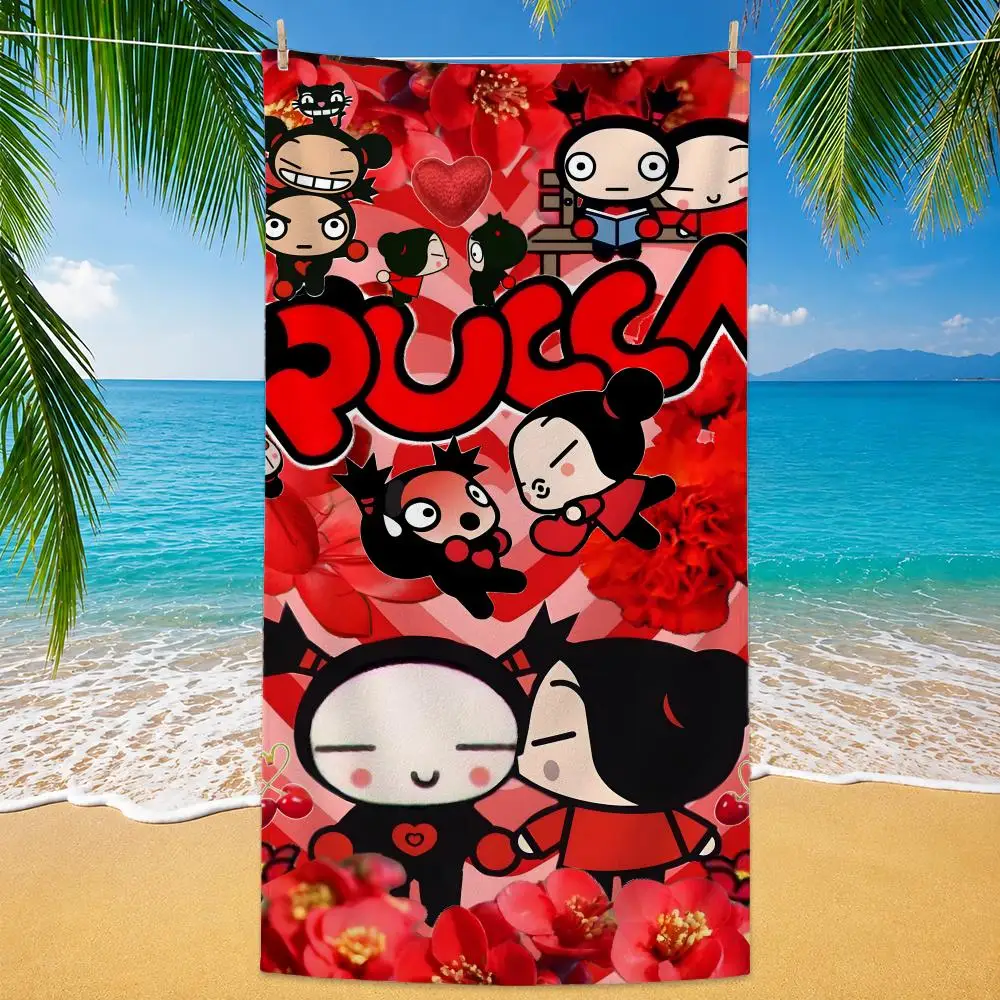 Cartoon Pucca Towel Polyester Beach Towel Quick Dry Sand Free Bath Towel for Summer Pool Travel Vacation