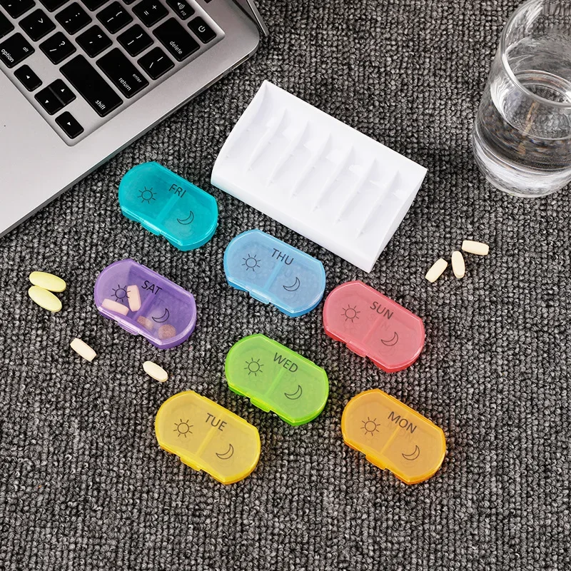 Portapillole settimanale in plastica color arcobaleno 7 in 1 da viaggio portatile 7 scatole individuali Scatola portaoggetti per medicinali a doppio uso con 2 slot per giorno e notte