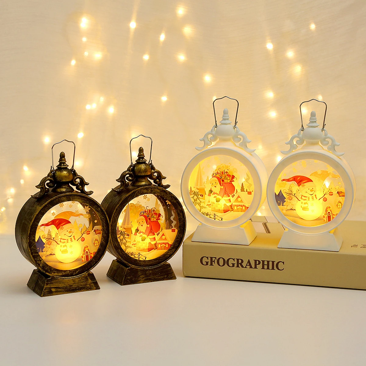 Christmas LED Lantern Decoration Vintage Snowman and Santa Claus Scene Light Holiday Decorative Lantern Home Office Party Decor