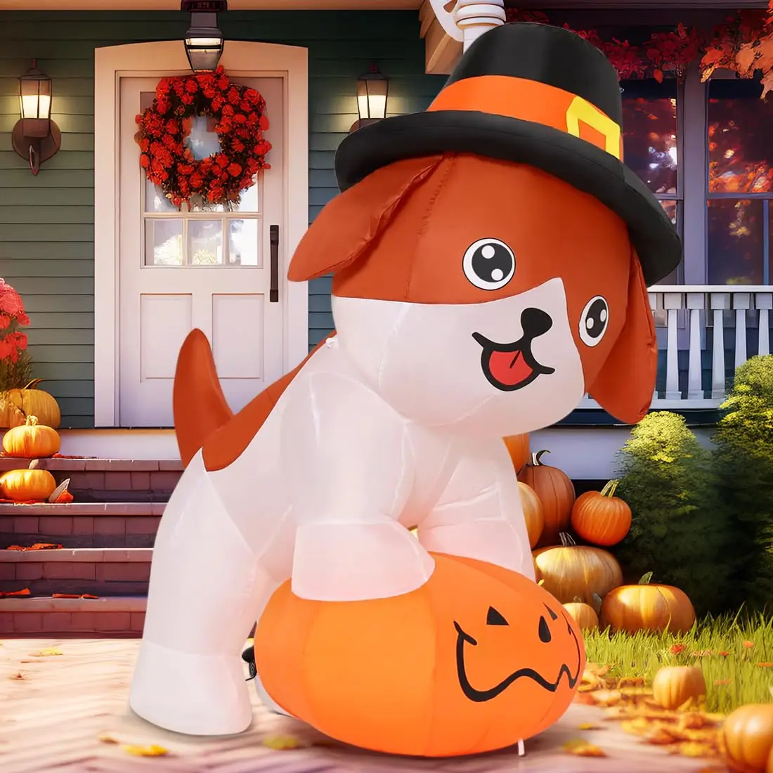 5.2 FT Thanksgiving LED Lights Inflatable Dog Pilgrim Hat Puppy Standing Pumpkin Outdoor Decorations for Children's Age Group