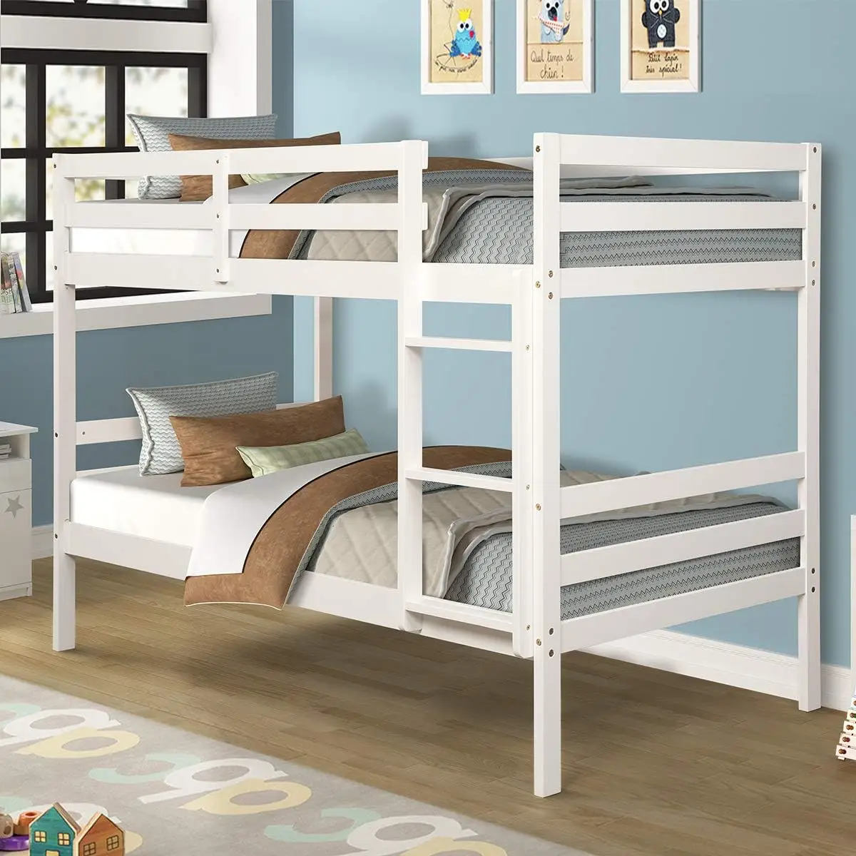 

Twin Over Twin Bunk Beds, Wood Convertible Two Beds, Solid Rubberwood Bunk Bed with 1 Pcs Built-in Ladder and Safety Rai