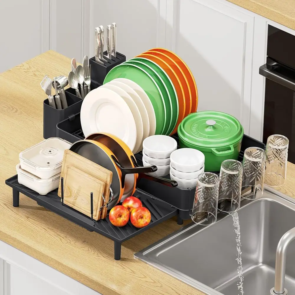 

Expandable Dish Drying Rack, Stainless Steel, Kitchen Storage Organizer with Cutlery Holder, Plate Rack, Black