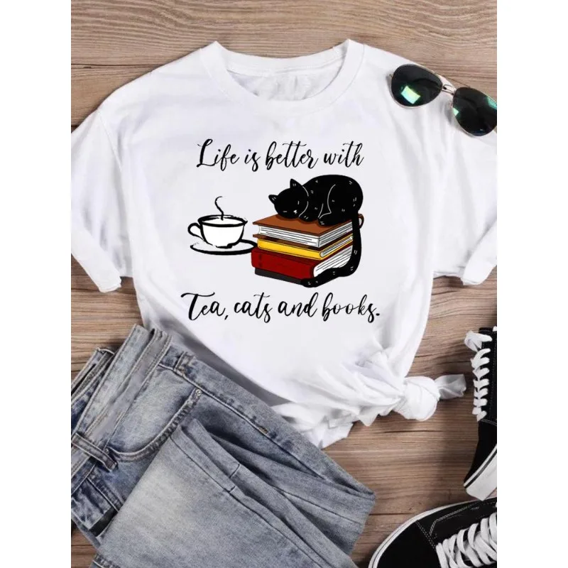 Women's Short Sleeve T-shirt Fashion Cat Letter Print Instagram Base Shirt Harajuku  Aesthetic Clothes  Women Clothing  Graphic