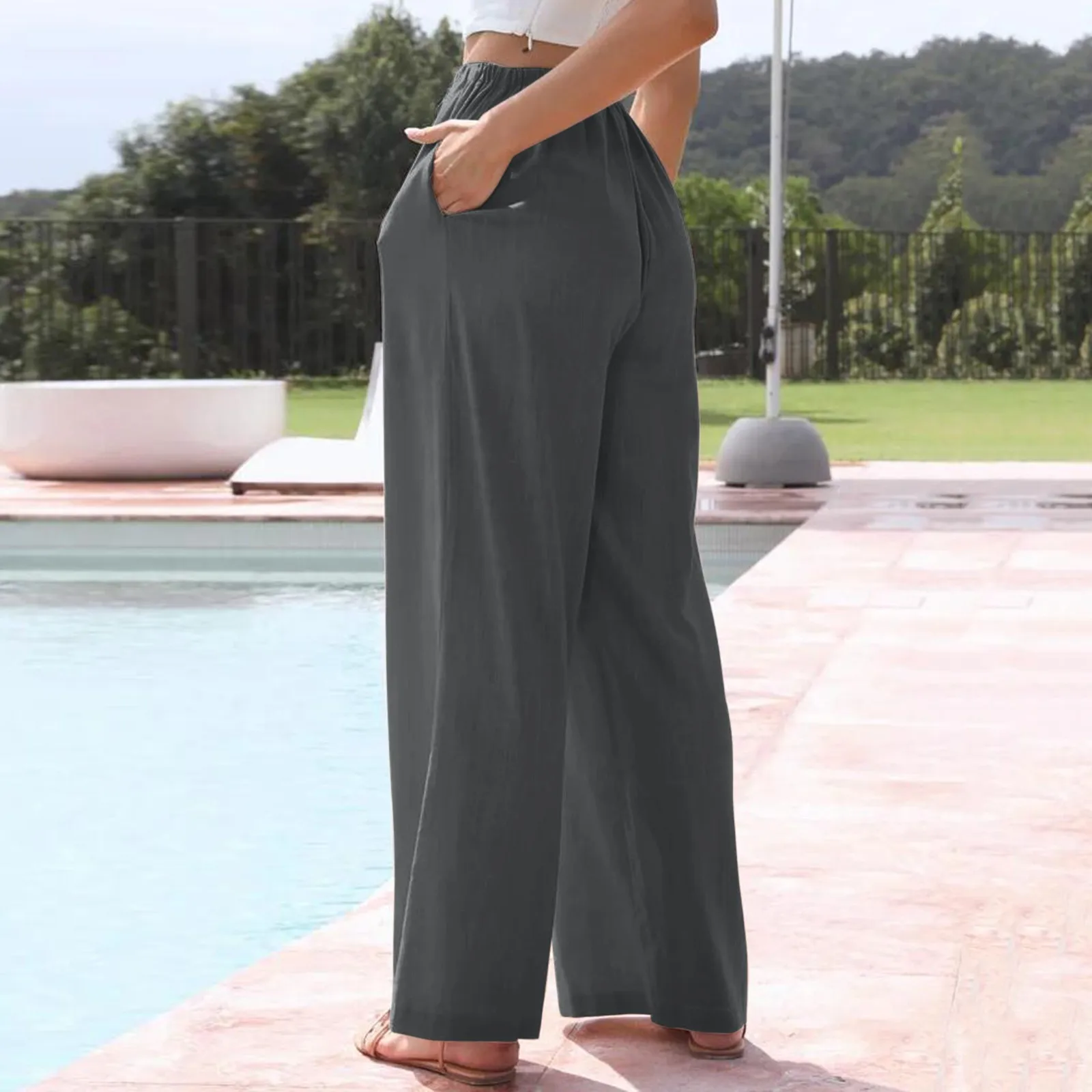 2024 Frauen neue Baggy Pants hohe Taille Baumwolle Leinen Kordel zug Frauen Freizeit hose lose weites Bein Pantalones de Mujer