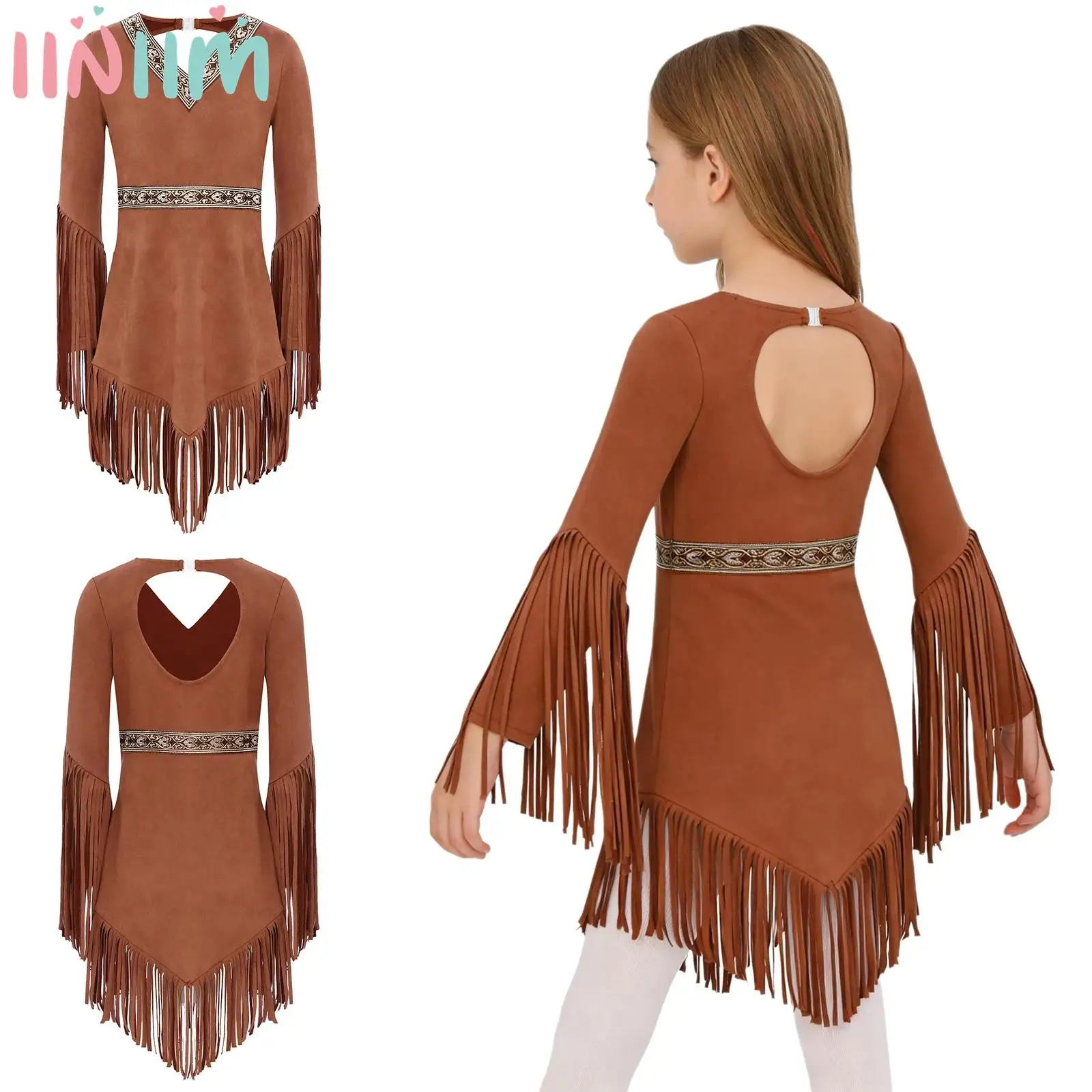 Vestido de cosplay nativo americano para niñas, disfraz con cuello en V, manga larga con flecos, dobladillo con borlas para eventos de recreación histórica