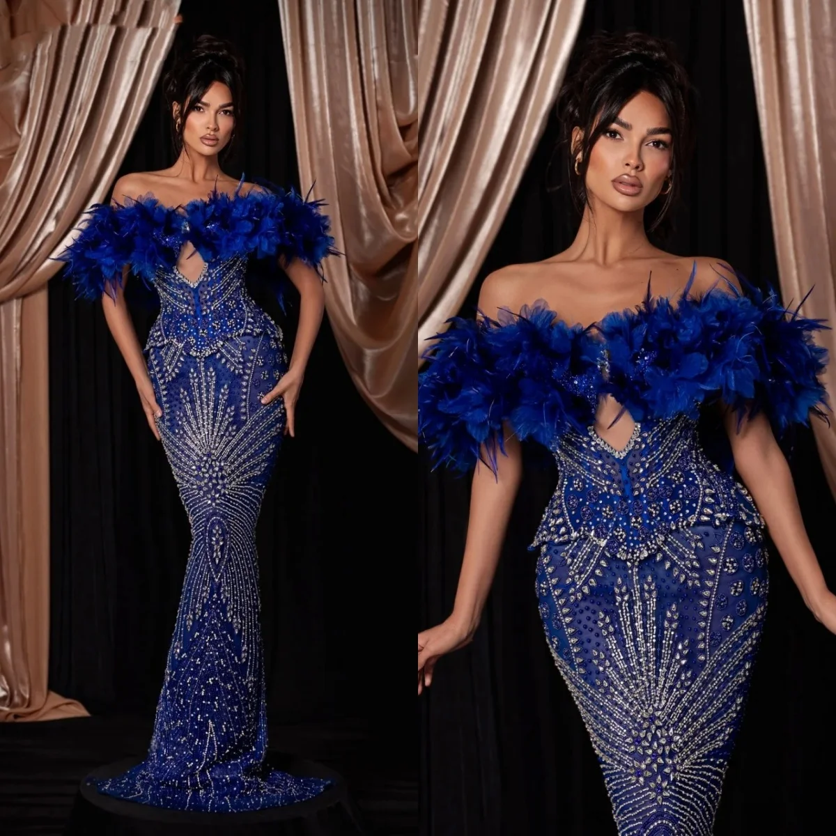 

Elegant Off The Shoulder Evening Dresses Appliques Feathers Mermaid Prom Dress Customized Crystal Floor Length Party Gown