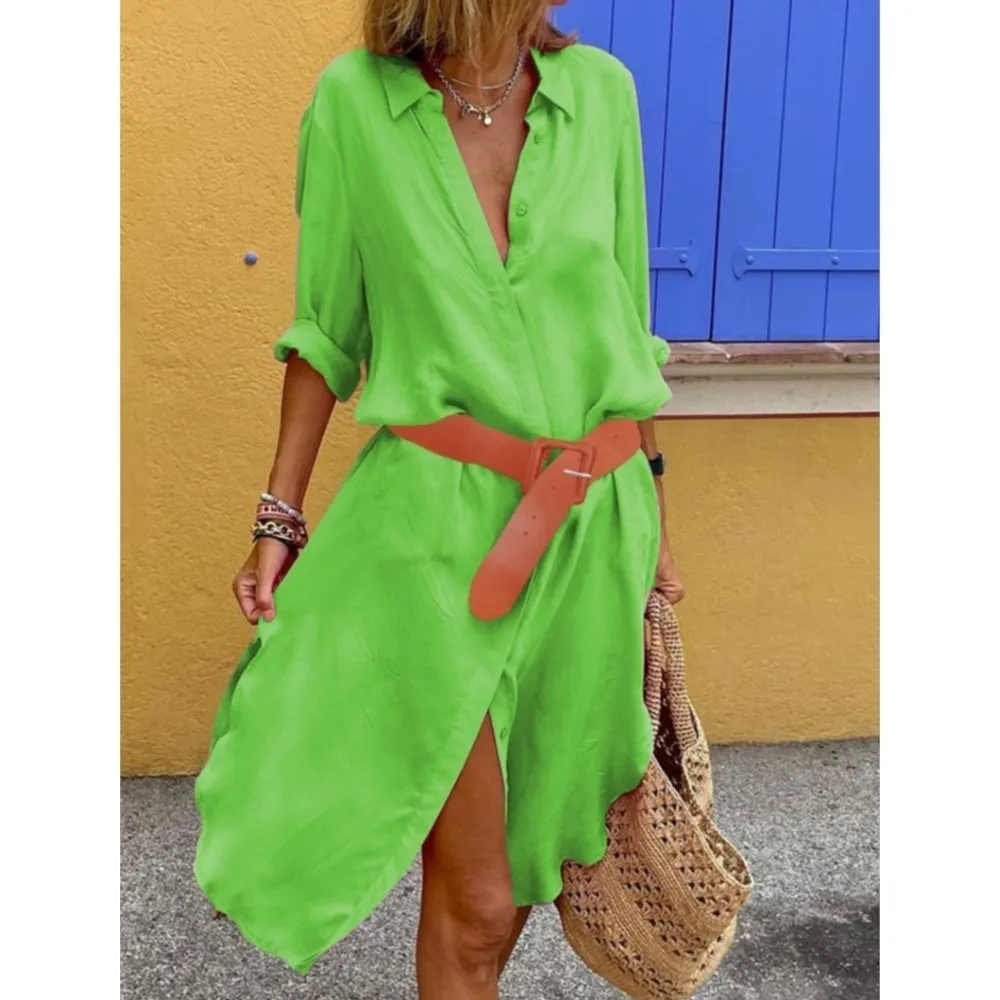 Robe ample décontractée pour femmes, nouvelle collection printemps-automne, à la mode, élégante, couleur unie, revers avec boutons, chemise, 2025