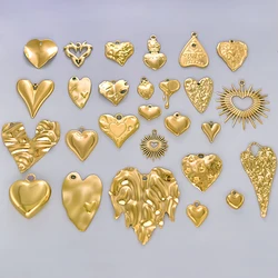 6pcs Stainless Steel Heart Pendant Charms For Jewelry Making Supplies Three Dimensional Love Magma Real Gold Plated DIY Breloque