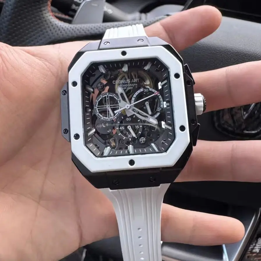 CRONUSART Men Chronograph Watch 45mm Square Automatic Mechanical Wristwatch Luminous Sapphire Mirror Skeleton Dial FKM Mirror