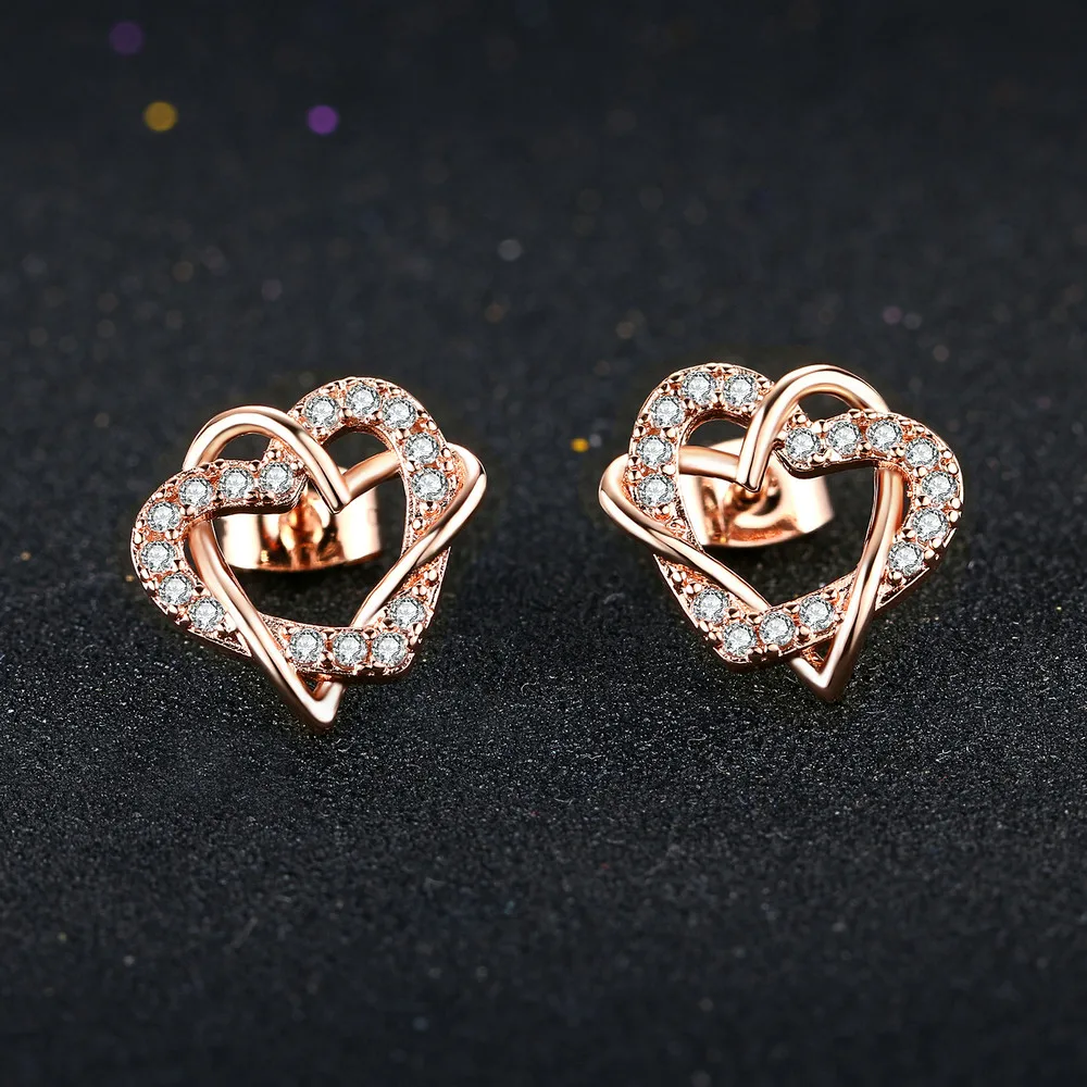 Love Heart Intertwined Stud Earrings for Women Rose Gold Color Crystal Earrings Wedding Engagement Jewelry For Bridal DFE030M