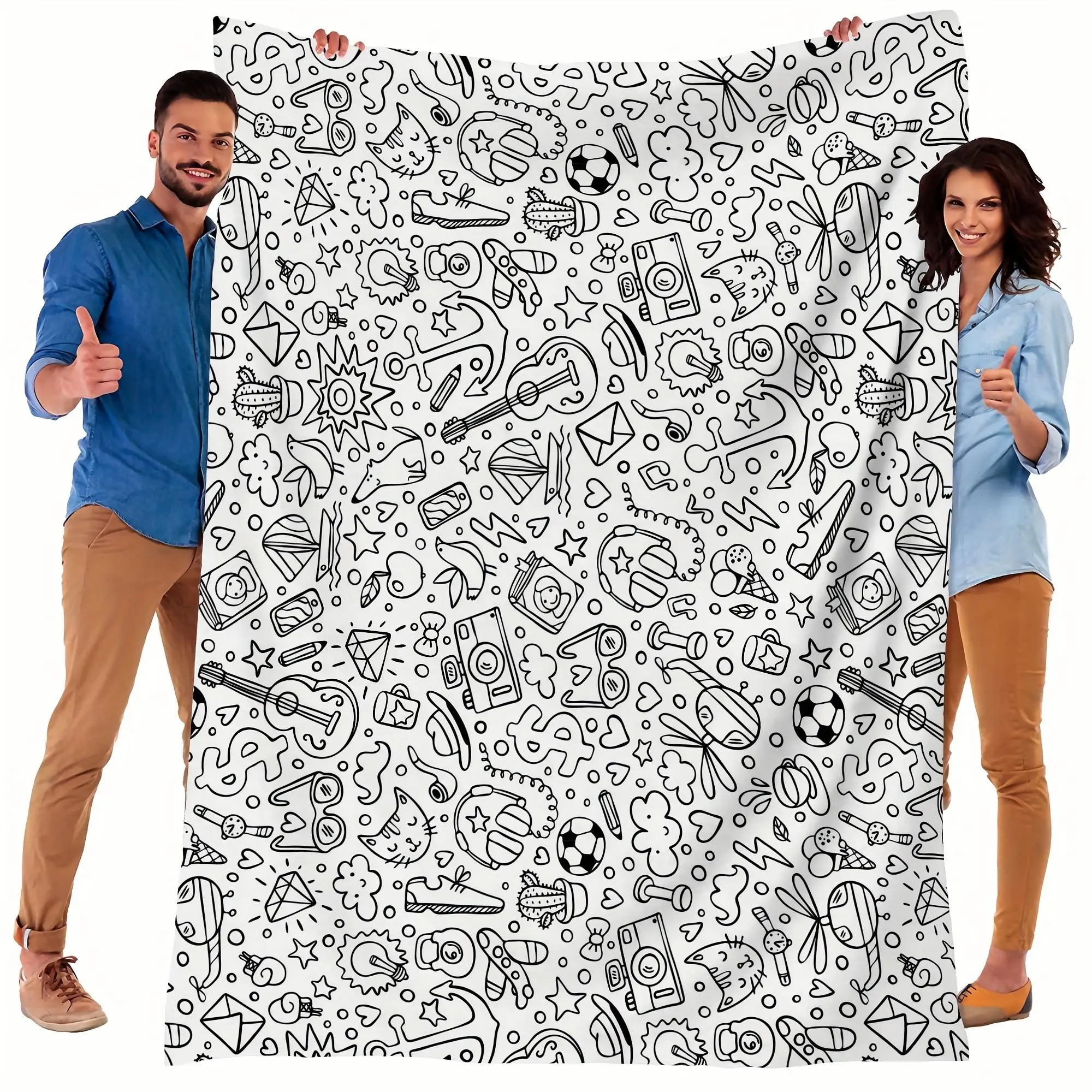Cartoon Sports Pattern Cozy Throw Blanket, Cute Playful Couch Bed Warm Wrap for Travel Camping, All Season Decor Gift