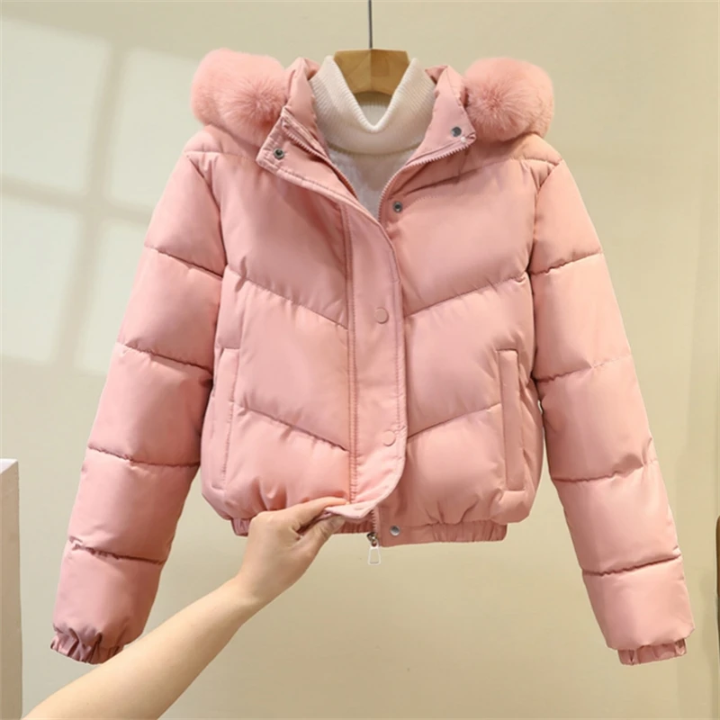 Hooded Fur Collar Thick Warm Short Cotton Padded Jackets Loose Women's Parkas Winter Jackets Student Coats Casual Female Outwear