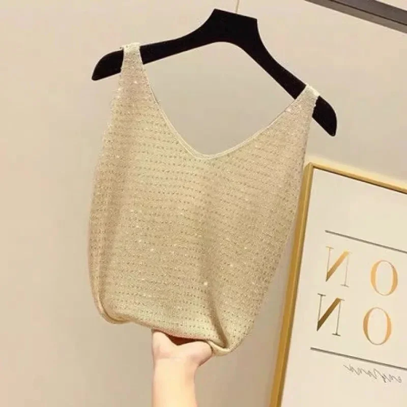 Camicia con fondo in maglia di strass senza maniche gilet di seta brillante per le donne camicetta lavorata a maglia di seta di ghiaccio con scollo