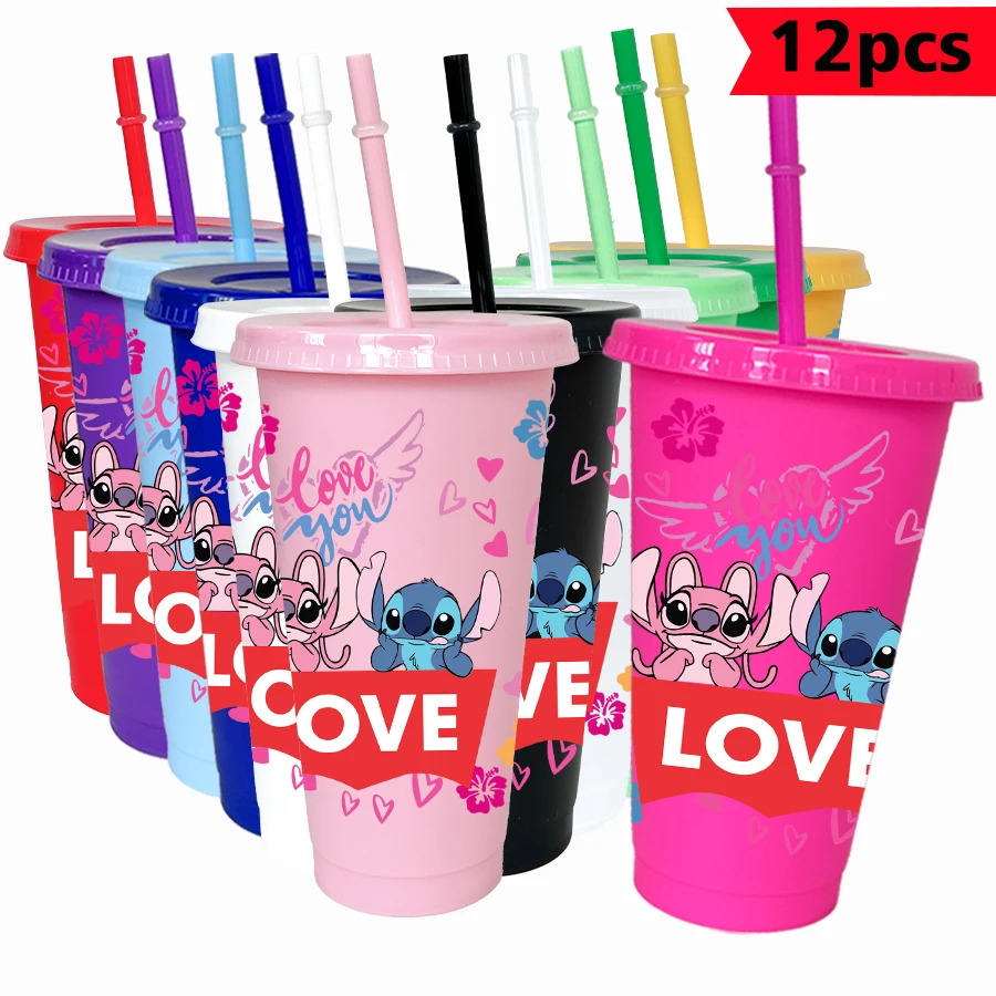 

12Pcs/pack Disney Stitch Floral 26oz Colored Plastic Tumbler Birthday Party Drinking Utensils Juice Coffee Mug
