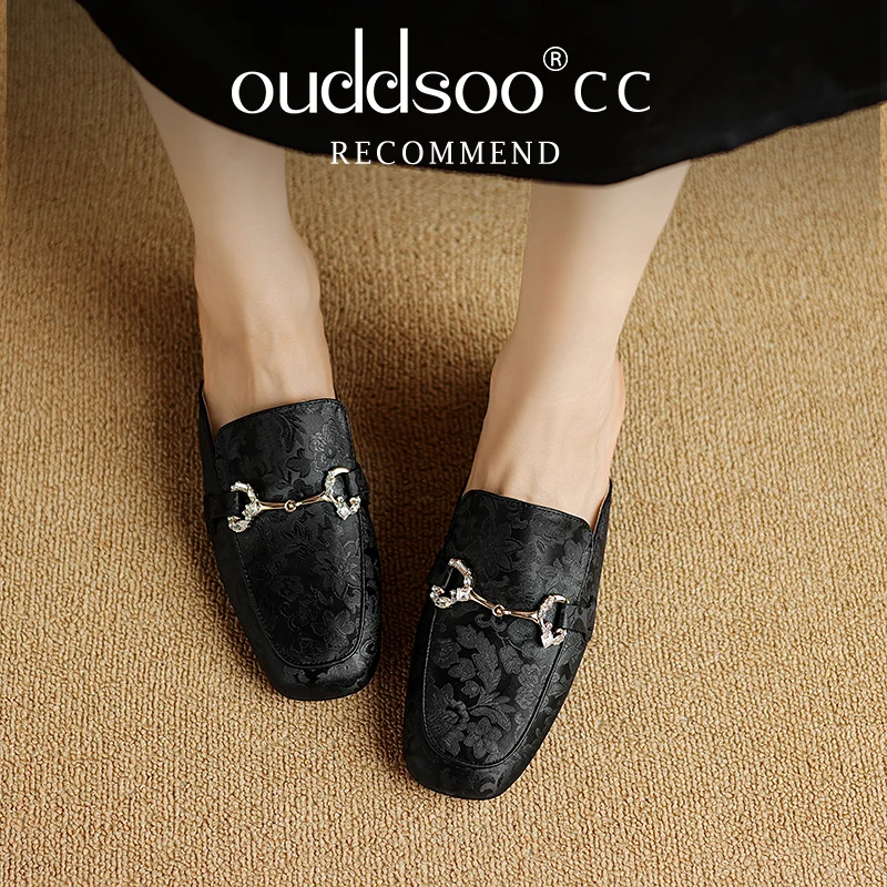 Ods  Women's genuine leather round toe slip-on flats summer mules chain decoration casual female high quality daily sandals shoe