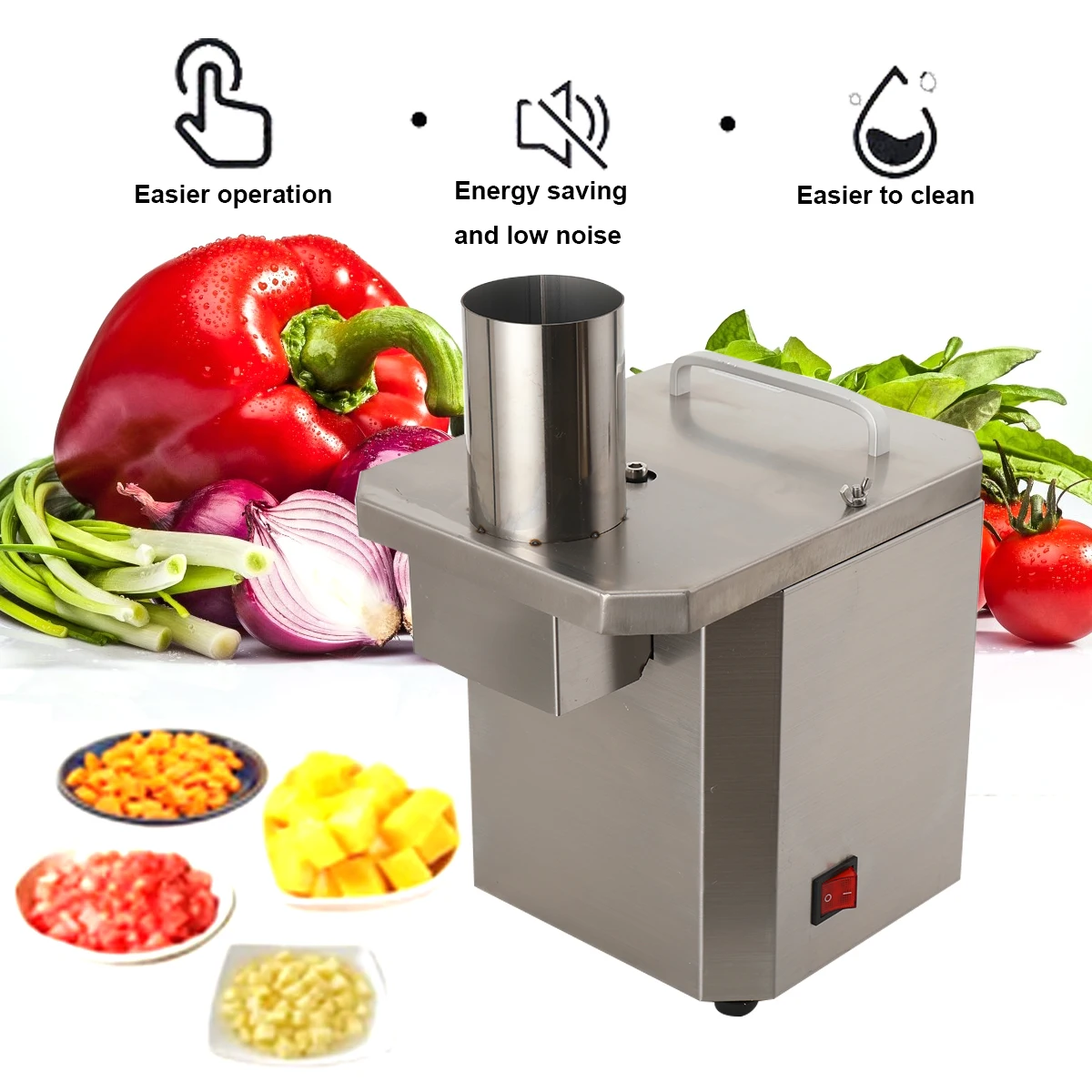 

Electric Vegetable Cutter Fruit Slicer Tomato Pieces or Cube Cutting Stainless Steel Food Processor Multifunctional Automatic