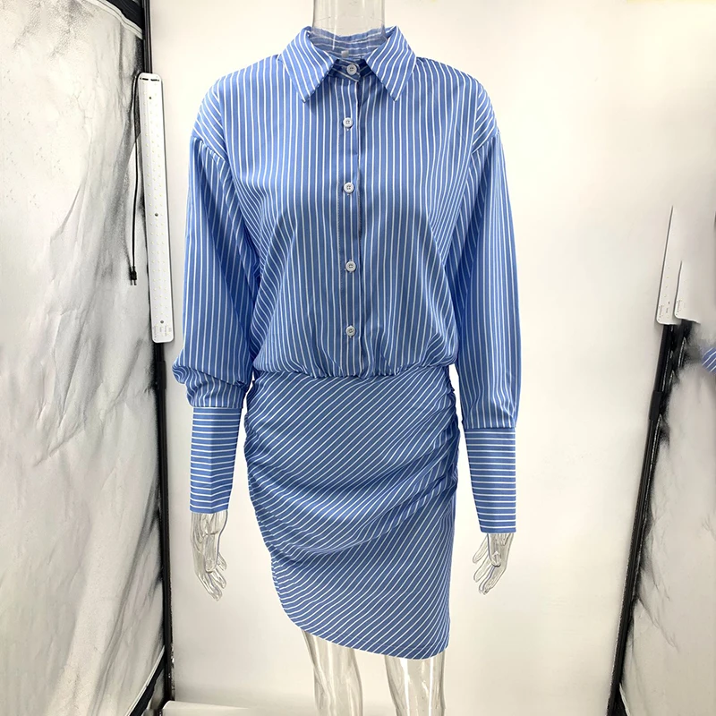 Tornova Lapel Striped Shirt Dress For Women Casual Long Sleeve High Waist Mini Dress Offica Lady Outfits Fashion Slim Elegant