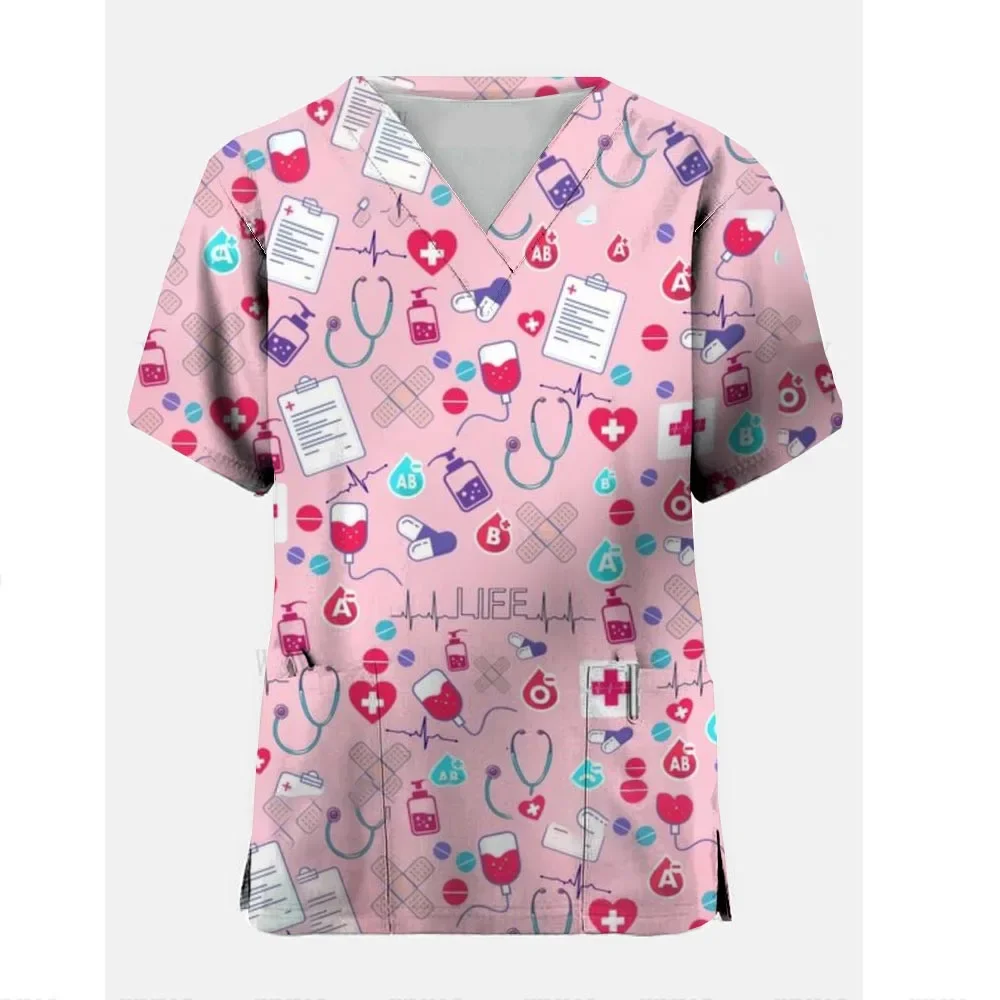 Uniforme de travail pour femmes, motif d'infirmière mignon, uniforme d'infirmière de poche pour animaux de compagnie, hauts de gommage à col en v, vêtements de protection pour clinique de soins de santé