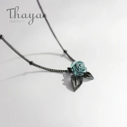 Thaya 100% S925 Silver Women Necklace Blue Rose Flower Crystal Pendant Necklace Vintage Necklace for Ladies Plant Party Jewelry