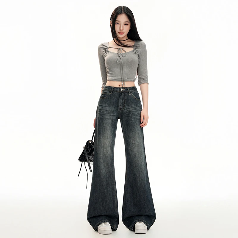 

Американские джинсы в стиле ретро с низкой талией, облегающие, слегка расклешенные, длиной в пол, для женщин, новая осенне-зимняя коллекция.