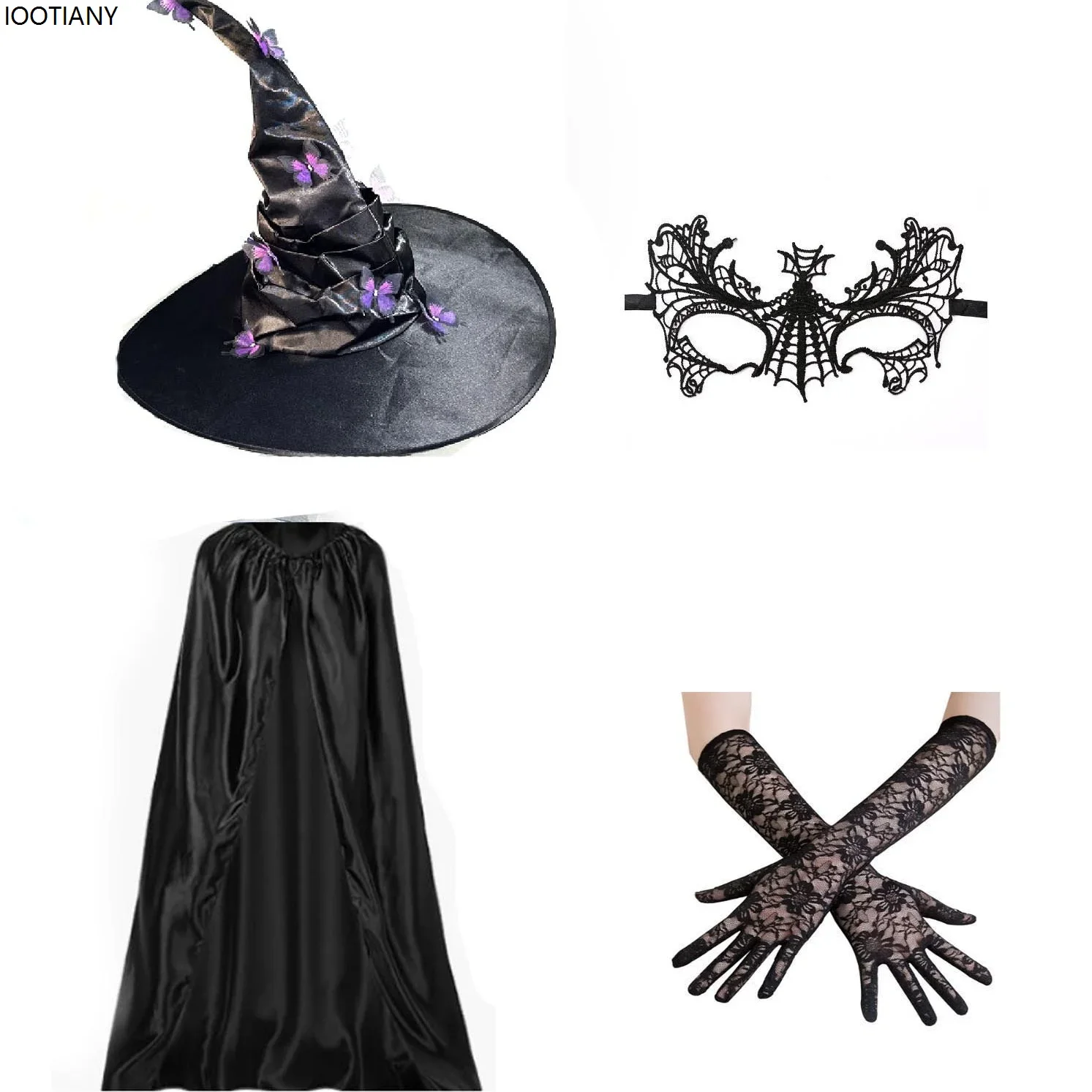 

CosplayWomen Pleated Witch Hat With Butterfly Applique Halloween Wizard Cosplay Shawl Cap Mask Gloves Holiday Party Stage Props