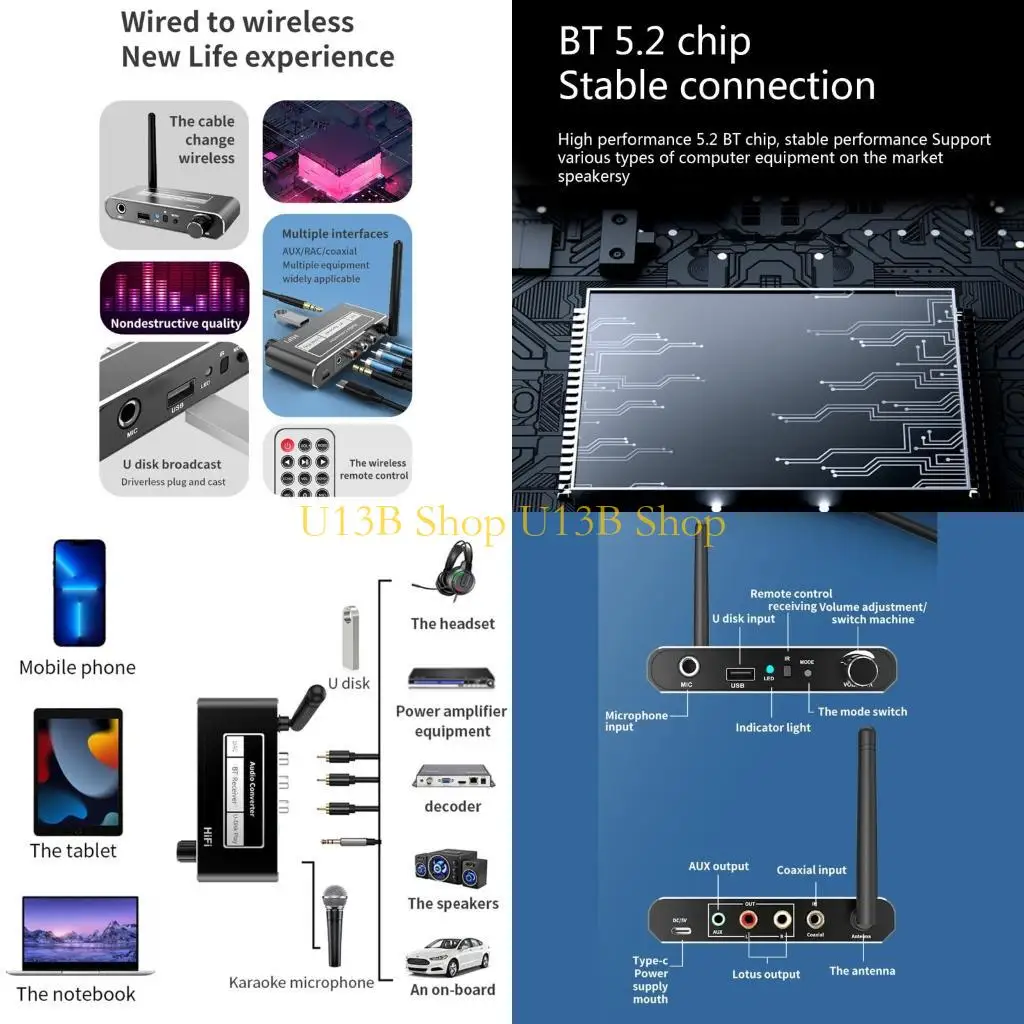 

U13B Wireless DAC Bluetooth-compatible5.2 Receiver Support USB Udisk Play Microphone