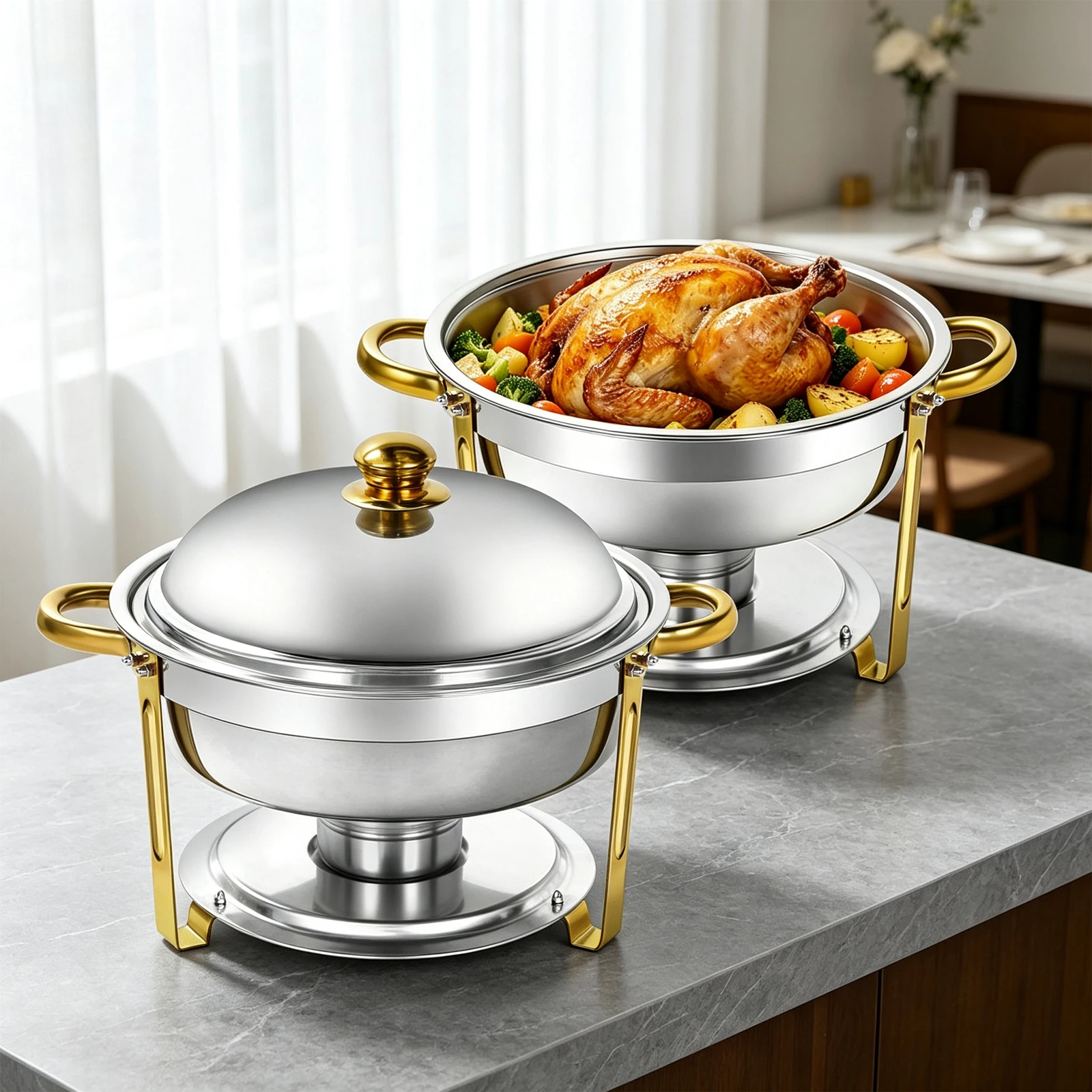 BHB Round Chafing Dishes 2/4/6 Pack, 6QT Golden Stainless Steel Chafing Dish Buffet Set for Any Party