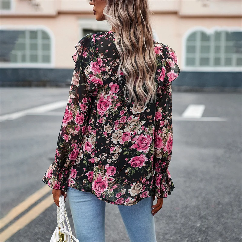 花柄プリント ロングスリーブブラウス レディース 秋トップス ノットストレートカット ポリエステル綿混紡 暖かい 薄手 スリーブ