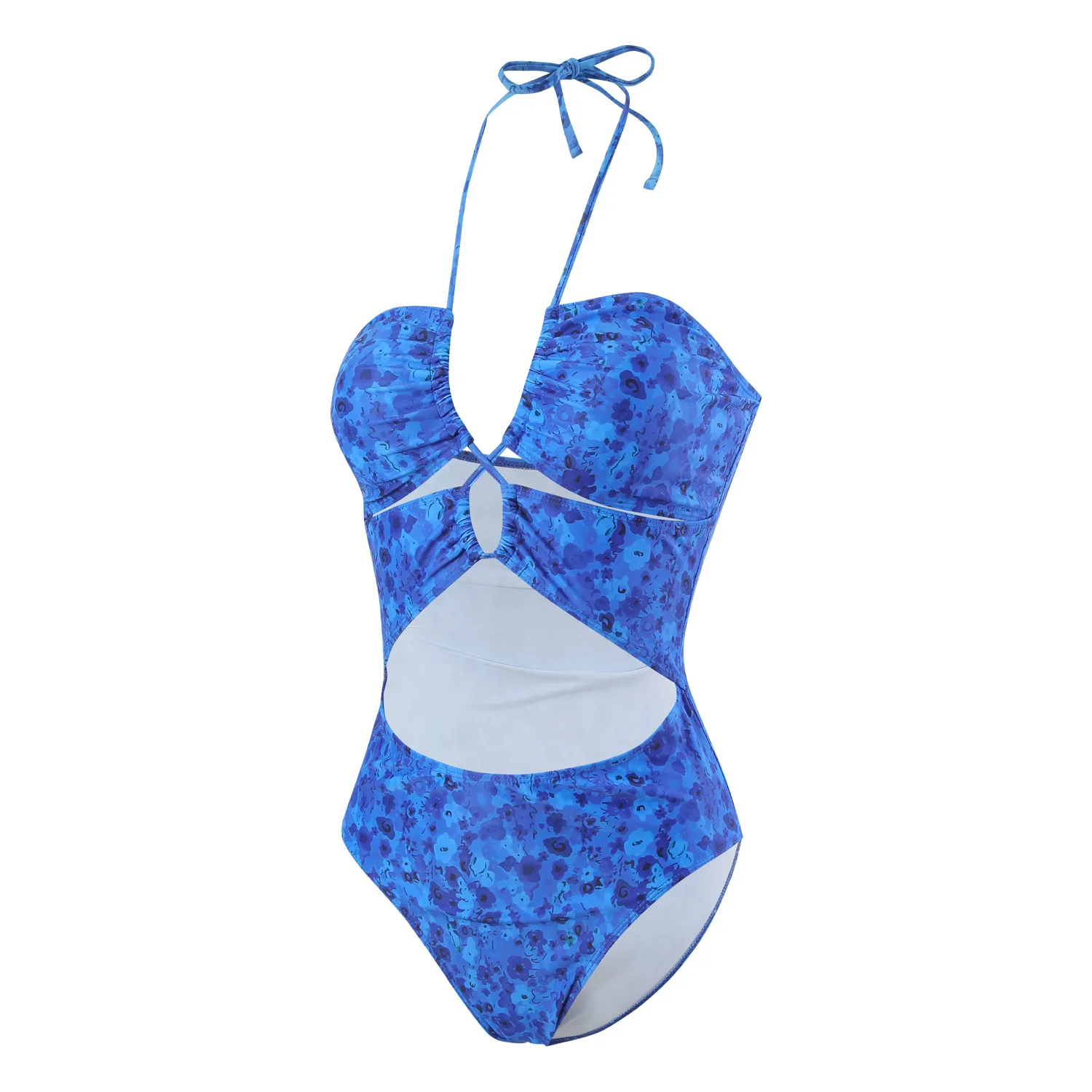 Maillot de bain une pièce à fleurs bleues pour femmes, Sexy, croisé, col licou, découpe, contrôle du ventre, Monokini, réglable, pour la plage