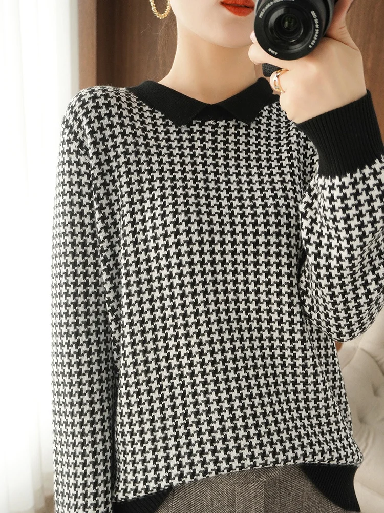 Early Autumn Women 100% Cotton Houndstooth Pattern Knit Sweater O-Neck Pullover Bottoming Sweater Comfortable Breathable Clothes