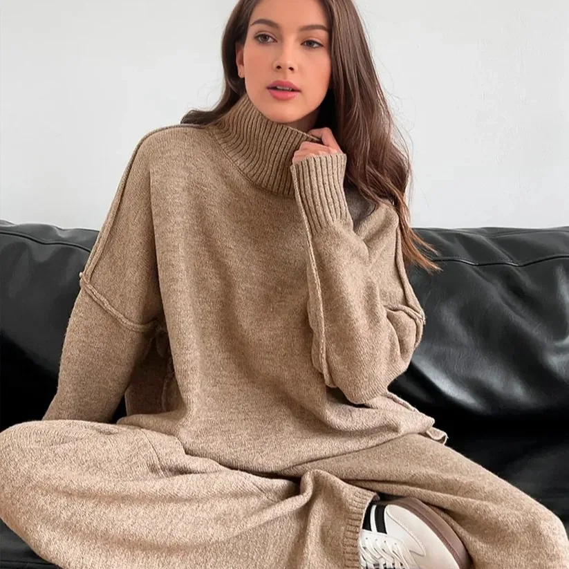 

2025 Autumn/Winter New Style: Elegantly Simple Casual and Relaxed Pure Color Loose High Neck Knit Sweater Set with Pants