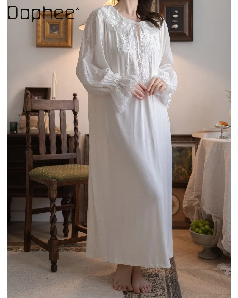 French Vintage Country Style Sweet Cute Girl's Nightgowns Lace Doll Collar Lantern Long Sleeve Loose Sleepshirt Nightdress Women