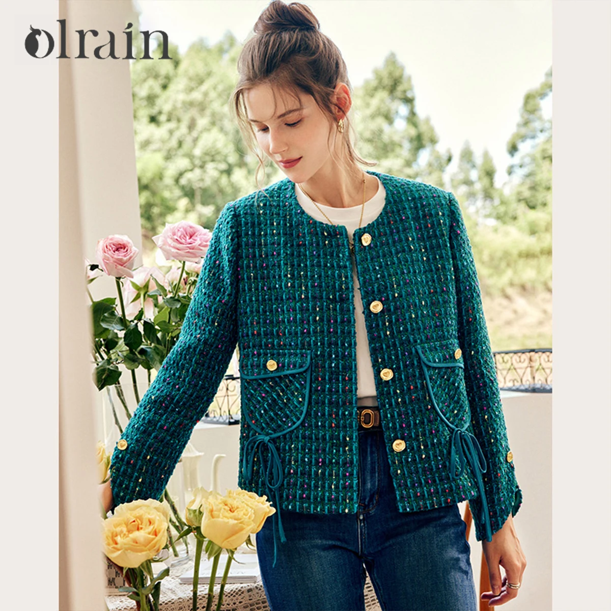 

OLrain French Elegant Jackets Women 2025 Autumn New Fashion Retro Tweed Coats Single Breasted Female Female Tops O22QW65611