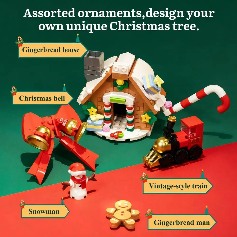 LEDライト付きクリスマスツリーの積み木、ビンテージの電車、雪だるま、ジンジャーブレッドハウス、ミニオーナメント付き - すべてのA向けの祝祭装飾