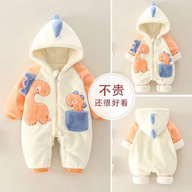 Baby crawling baby thickened and fleece onesie 2024 autumn and winter baby clothing outing clothes