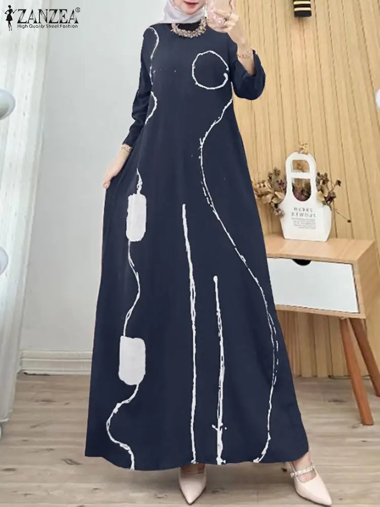 

ZANZEA Printing Muslim Fashion A-line Vestidos Loose Women Long Sleeve O Neck Abaya Maxi Dress Elegant Islamic Casual Long Robes