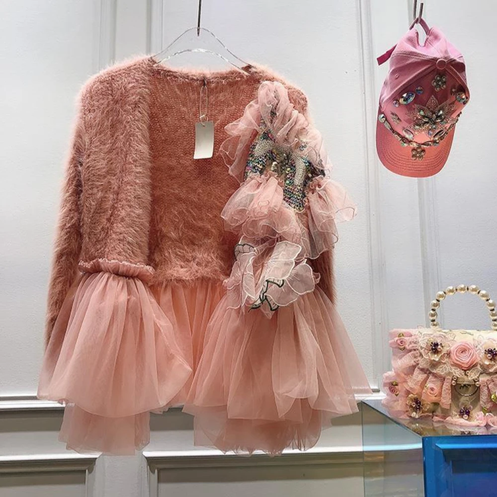 

Chic 3D Yarn Flowers Sequin Spliced Knitted Cardigan Mesh Pleated Ruffles Mohair Sweater Coat Mink Cashmere Knitwear Jacket Tops