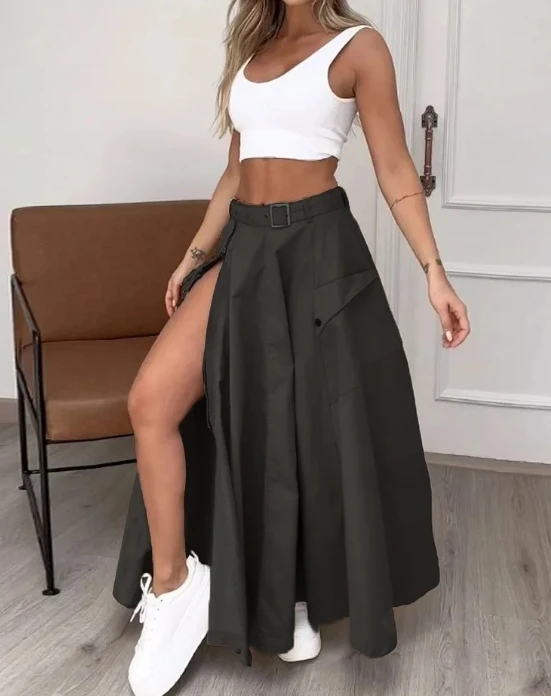 Women\'s Skirt Set Sleeveless Solid Split Two Piece Set 2024 Early Spring Commuting Style Sleeveless Zipper Medium Length Skirt