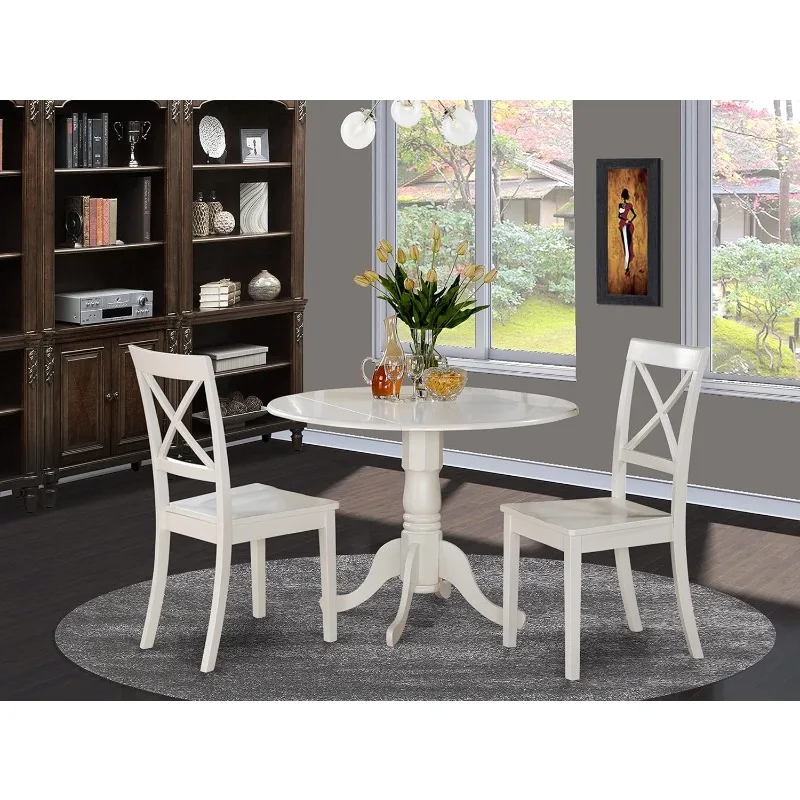 3 Piece Dining Room Table Set Contains a Round Kitchen Table with Dropleaf and 2 Dining Chairs, 42x42 Inch, Linen White