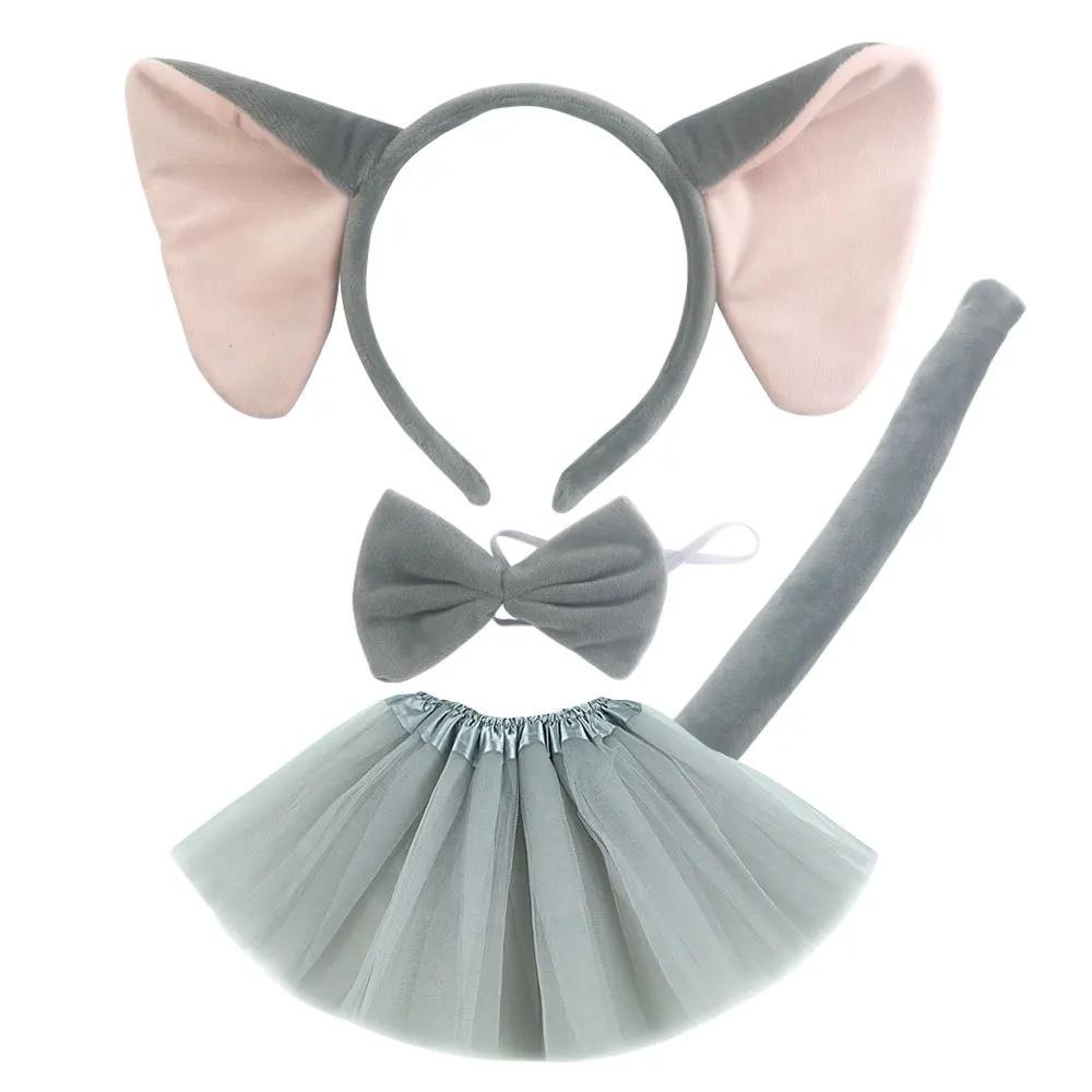 

Adult Kids Elephant Accessories Set Grey Headband Ears Tail Bow Tie Tutu Skirt for Children Halloween Costume Cosplay