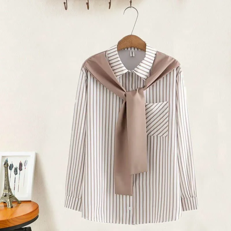 

Striped Shirts for Women Vintage Polo-neck Loose Fit Long Sleeve Casual Korean Fashion Design Single Breasted Blouse Women Tops