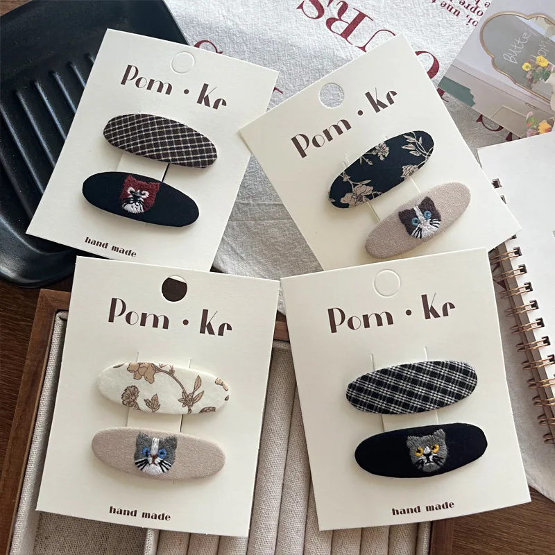 

2PC Black Floral Print Snap Hair Clips for Girls Cotton Cartoon Cat Embroidery Barrettes Baby Kid Hair Accessories