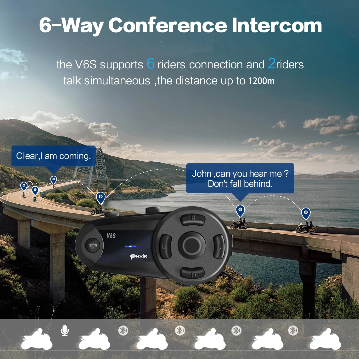 

V6S helmet Bluetooth earphones motorcycle earphones 6-person connection 2-person intercom wireless ride noise cancelling music e