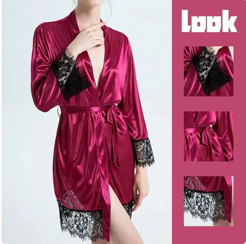 Female Sleepwear Lace Patchwork Long Bathrobes Ladies Nightgown Soft Silk Dressing Gown Bathrobe For Women