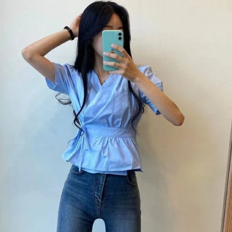 Shirts Women V-neck Lace-up Short Sleeve Flattering Waist Solid Minimalist Trendy Designed Summer All-match Korean Style Blouse