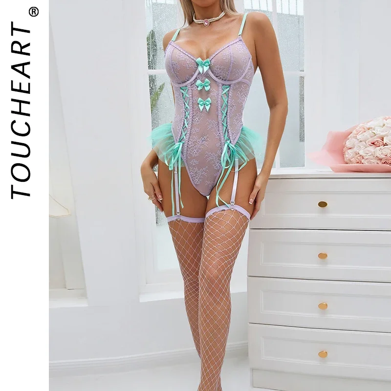 

Toucheart Sexy Dress with Net Stockings Contrasting Thin Shoulder Straps Backless Versatile Cute Bow Slim Lace Perspective Skirt