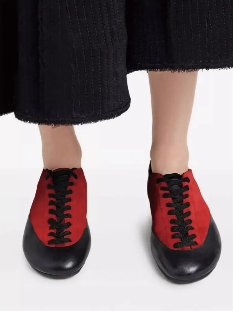 النساء في الهواء الطلق جلد طبيعي احذية الجري الدانتيل قطع الدانتيل يصل الشقق الركض أحذية رياضية مختلط الألوان تقسم جلد الغزال المدربين #2