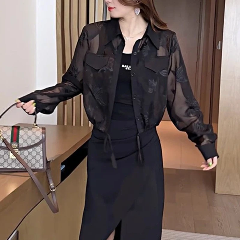 Summer Solid Color Fashion Long Sleeve Jacket Women High Street Thin Style Embroidered Button Cardigan Drawstring All-match Tops