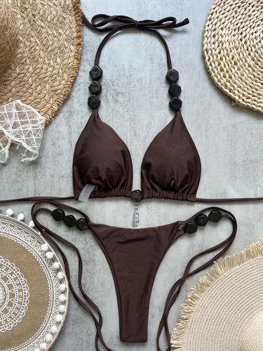 Imagen 2 del producto 2025 Bikini Sexy con cuentas, traje de baño para mujer, Bikini con cuello Halter, traje de baño para playa, conjunto de Bikini con cuello en V, ropa de playa, traje de baño de verano