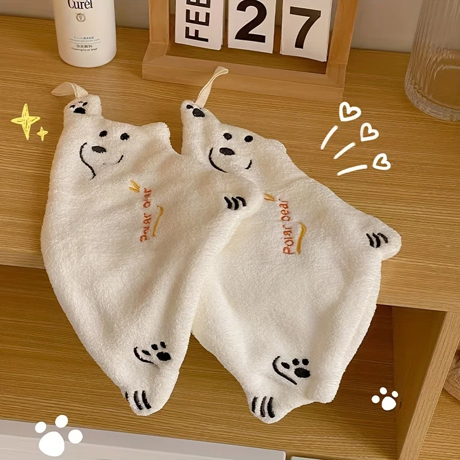 1Pc Soft Cute Cartoon Shaped Hand Wipe Polar Bear Quick Dry Hanging Towel Handkerchief Kitchen Household Coral Velvet Towel